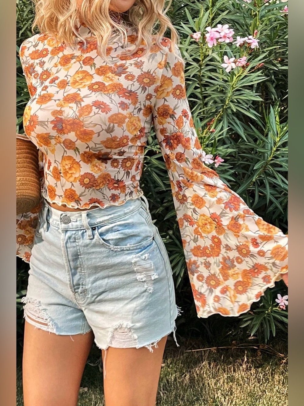 NEW Medium Orange Sheer Mesh Retro Floral Bell Sleeve Mock Neck Blouse - Picture 6 of 9